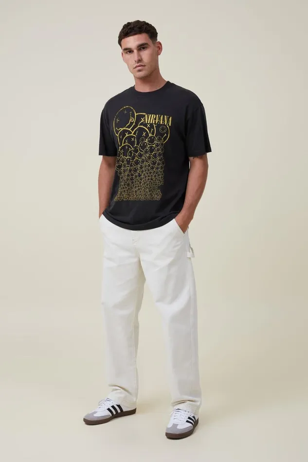 Men Graphic TShirts Cotton On Premium Loose Fit Music TShirt Lcn Mt Washed Blacknirvanasmiley Repeat