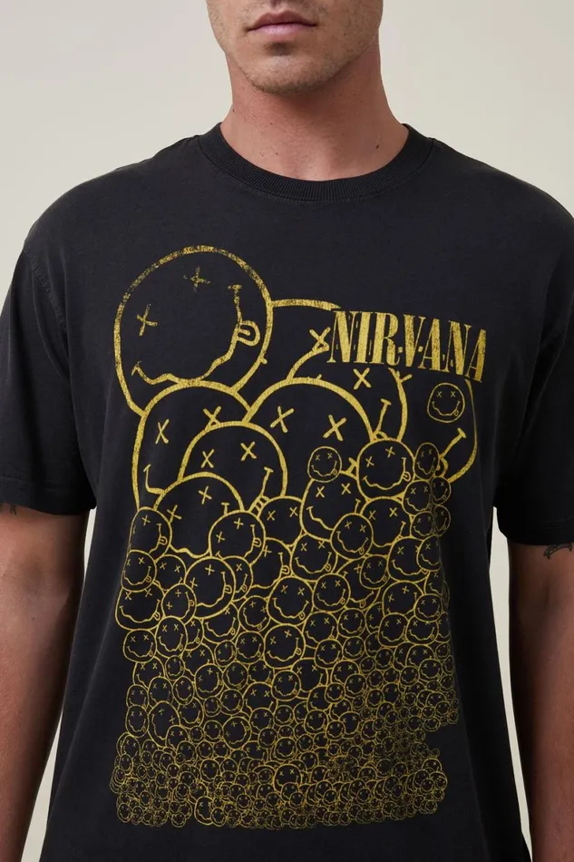 Men Graphic TShirts Cotton On Premium Loose Fit Music TShirt Lcn Mt Washed Blacknirvanasmiley Repeat