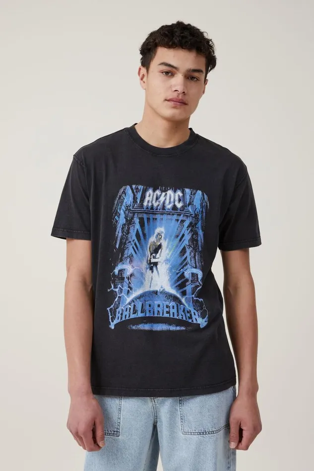 Men Graphic TShirts Cotton On Premium Loose Fit Music TShirt Lcn Per Blackacdcballbreaker