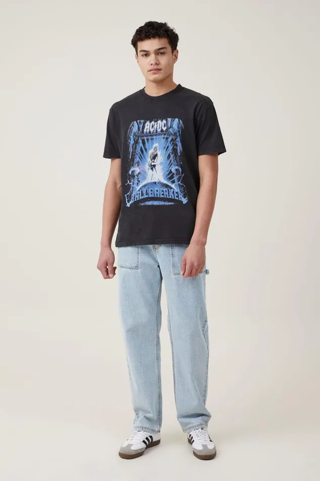 Men Graphic TShirts Cotton On Premium Loose Fit Music TShirt Lcn Per Blackacdcballbreaker