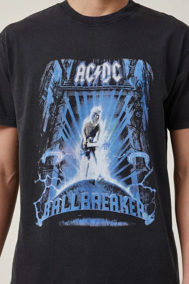 Men Graphic TShirts Cotton On Premium Loose Fit Music TShirt Lcn Per Blackacdcballbreaker