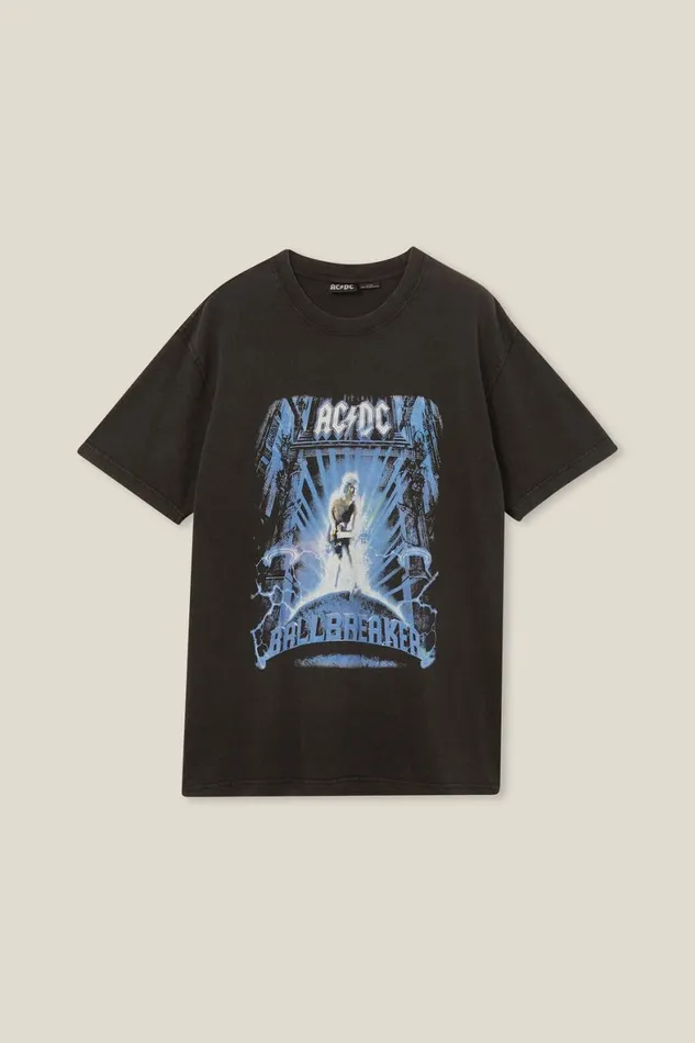 Men Graphic TShirts Cotton On Premium Loose Fit Music TShirt Lcn Per Blackacdcballbreaker