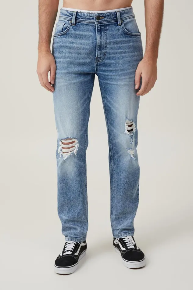 Men Jeans Cotton On Slim Straight Jean West Blue Ripped