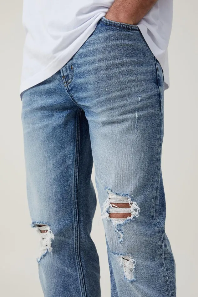 Men Jeans Cotton On Slim Straight Jean West Blue Ripped
