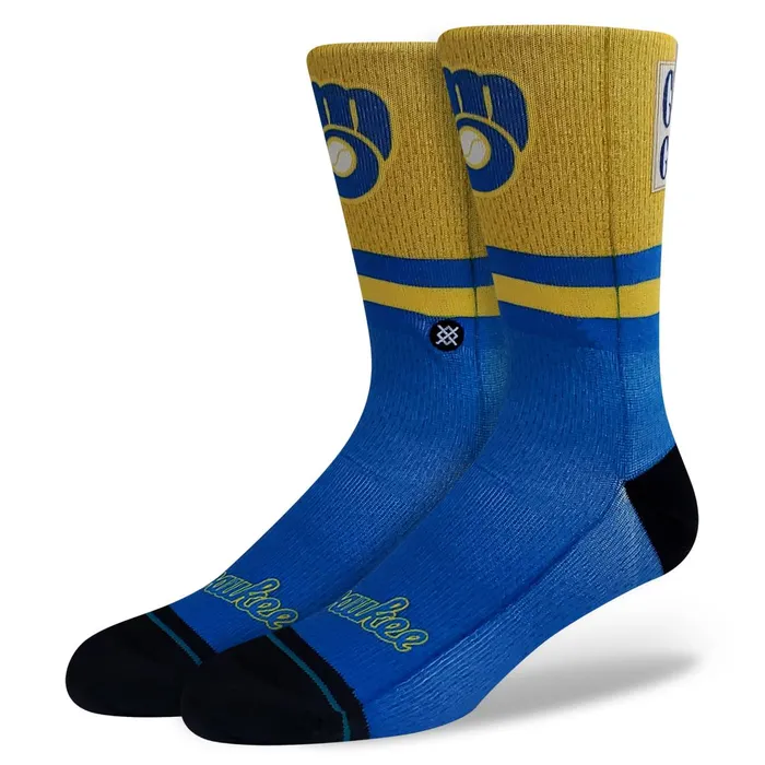 Men MLB X Cooperstown Collection Poly Crew Socks Milwaukee Brewers 8211 Multi Stance Crew