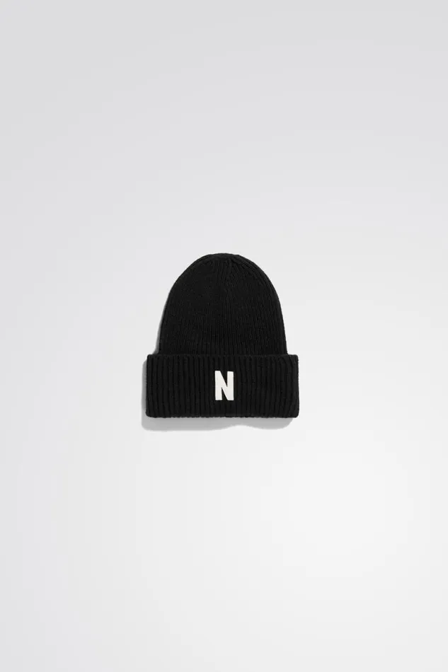 Men Norse Projects Beanies Merino Lambswool Rib N Logo Beanie Black