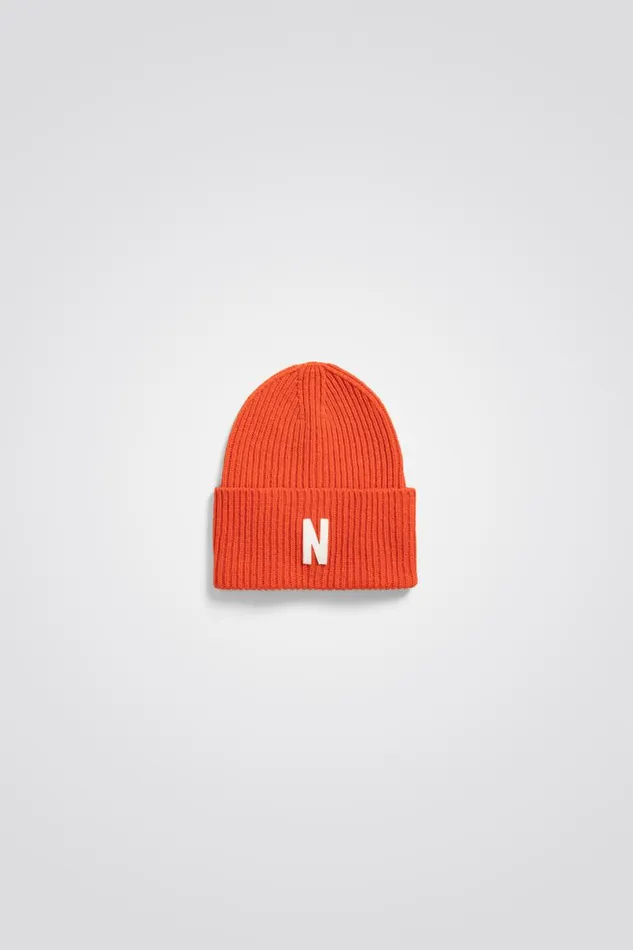Men Norse Projects Beanies Merino Lambswool Rib N Logo Beanie Blood Orange