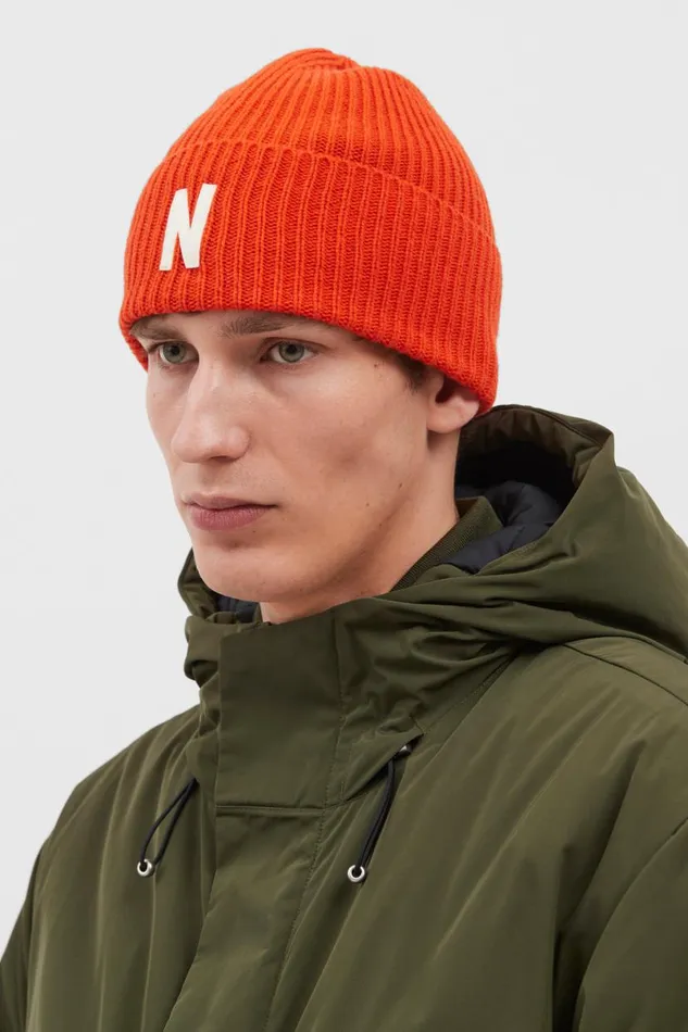 Men Norse Projects Beanies Merino Lambswool Rib N Logo Beanie Blood Orange