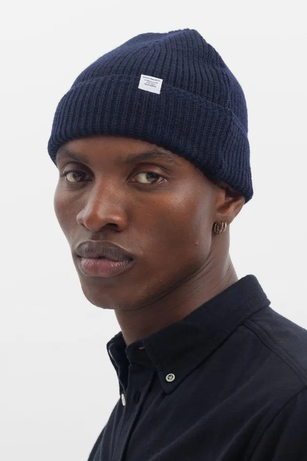 Men Norse Projects Beanies Wool Cotton Rib Beanie Dark Navy