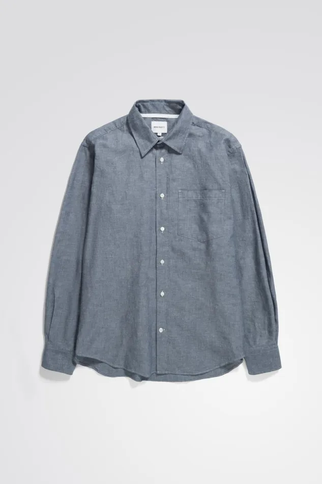 Men Norse Projects Shirting Algot Relaxed Cotton Linen Shirt Dark Navy