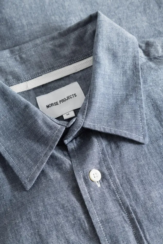 Men Norse Projects Shirting Algot Relaxed Cotton Linen Shirt Dark Navy