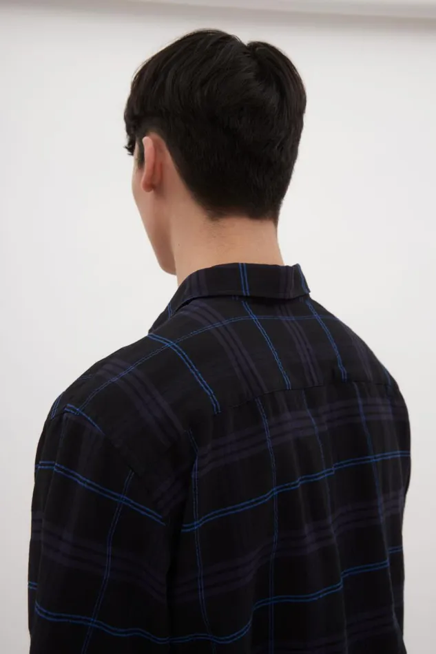 Men Norse Projects Shirting Ivan Relaxed Textured Check SS Shirt Dark Navy