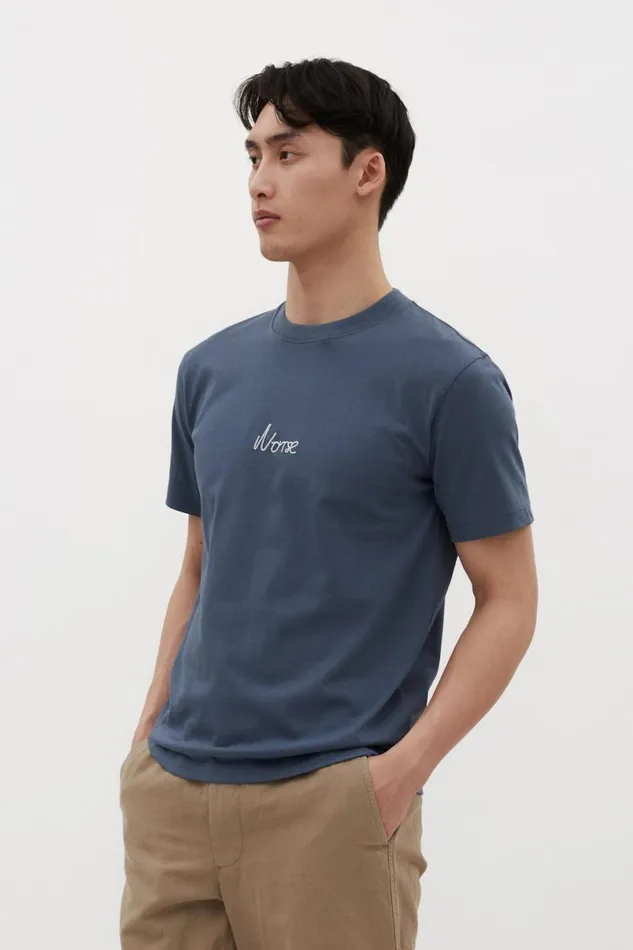 Men Norse Projects TShirts Johannes Organic Chain Stitch Logo Tshirt Steel Blue