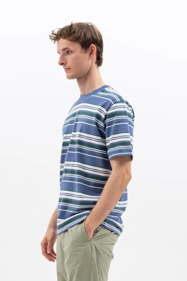 Men Norse Projects TShirts Johannes Weekend Stripe Calcite Blue