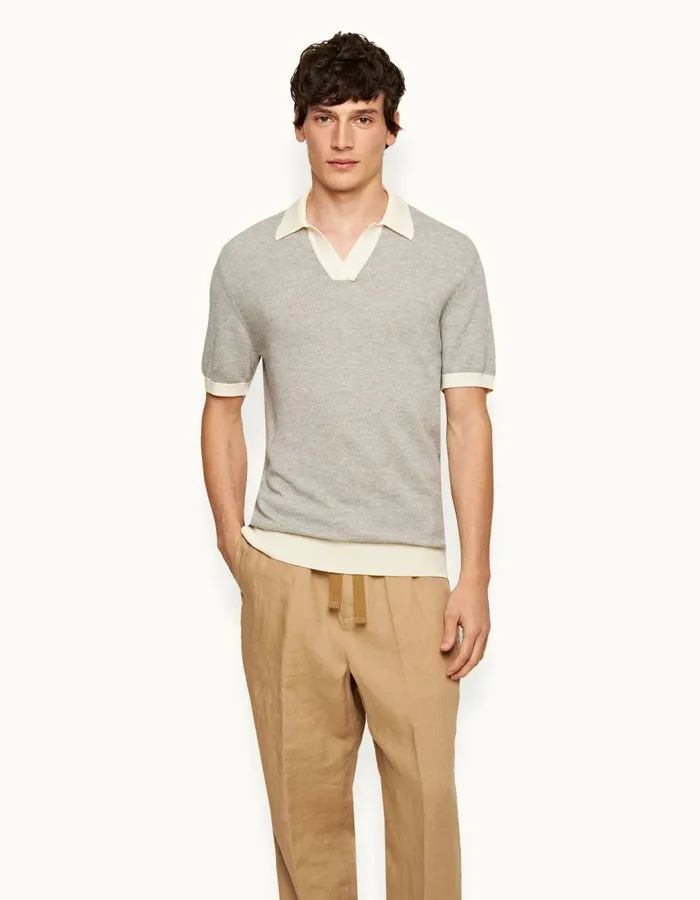 Men Orlebar Brown Polo Shirts Horton Merino White Sandgrey Marl