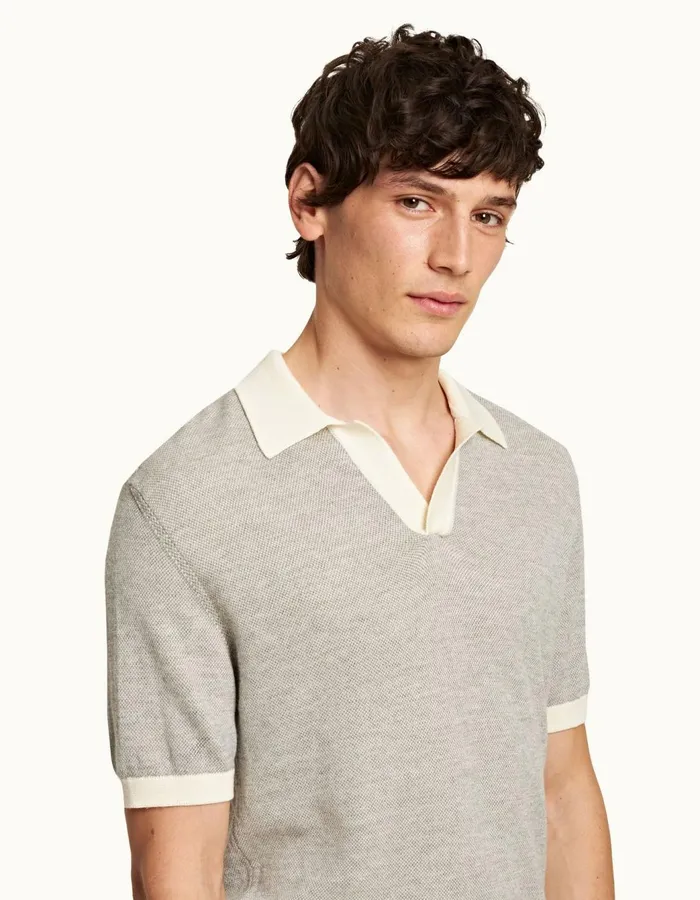 Men Orlebar Brown Polo Shirts Horton Merino White Sandgrey Marl
