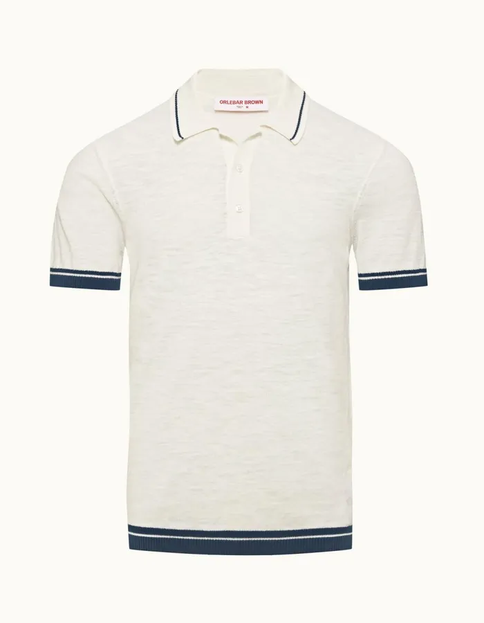 Men Orlebar Brown Polo Shirts Maranon Cotton Linen White Sand