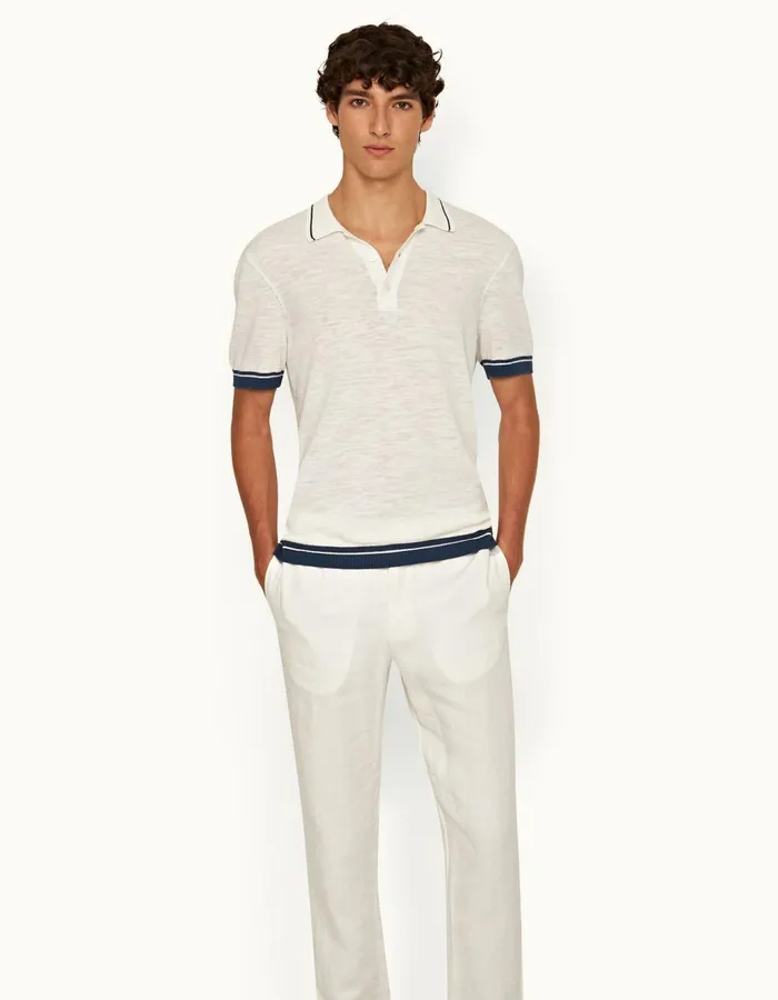 Men Orlebar Brown Polo Shirts Maranon Cotton Linen White Sand