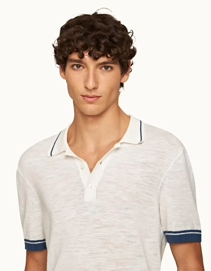 Men Orlebar Brown Polo Shirts Maranon Cotton Linen White Sand
