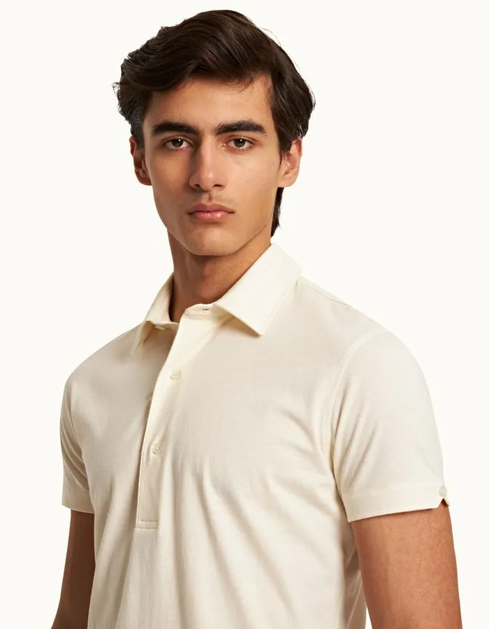 Men Orlebar Brown Polo Shirts Sebastian Cotton Silk White Sand