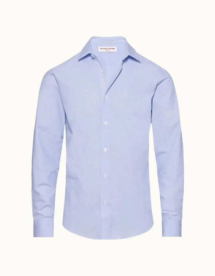 Men Orlebar Brown Shirts Giles Chainstitch Ice Bluewhite