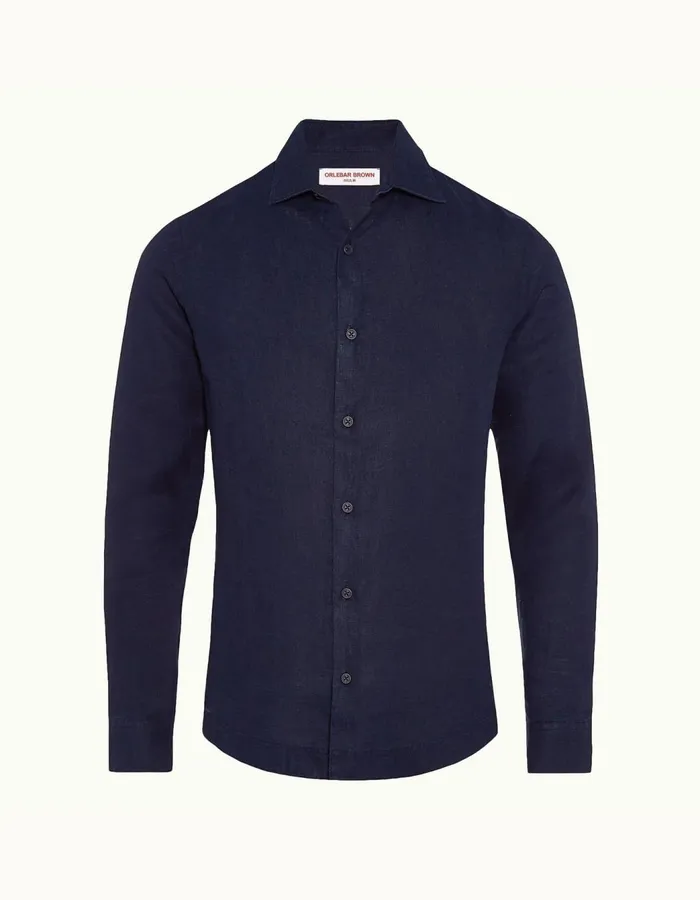 Men Orlebar Brown Shirts Giles Linen Navy