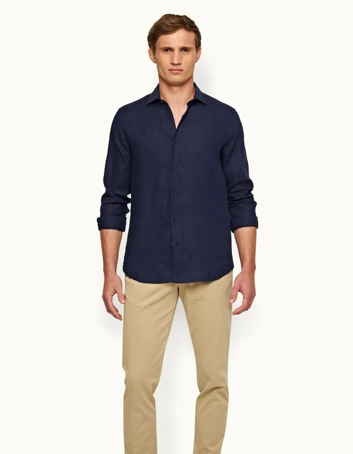 Men Orlebar Brown Shirts Giles Linen Navy