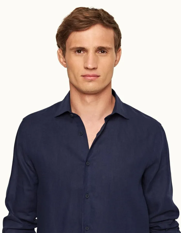 Men Orlebar Brown Shirts Giles Linen Navy
