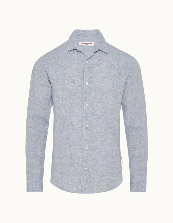 Men Orlebar Brown Shirts Giles Linen Navywhite