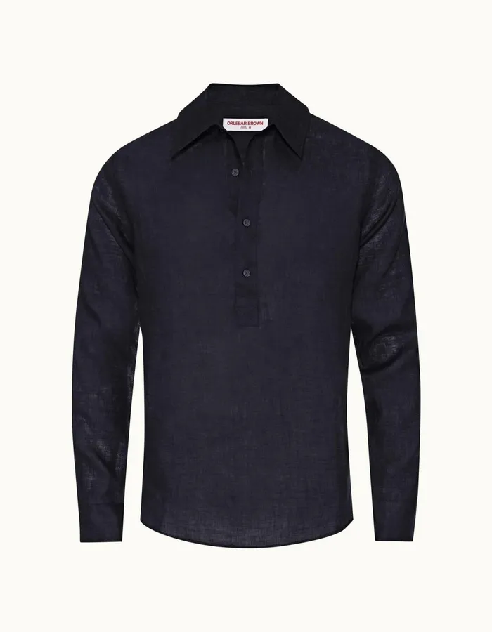 Men Orlebar Brown Shirts Ridley Linen Navy