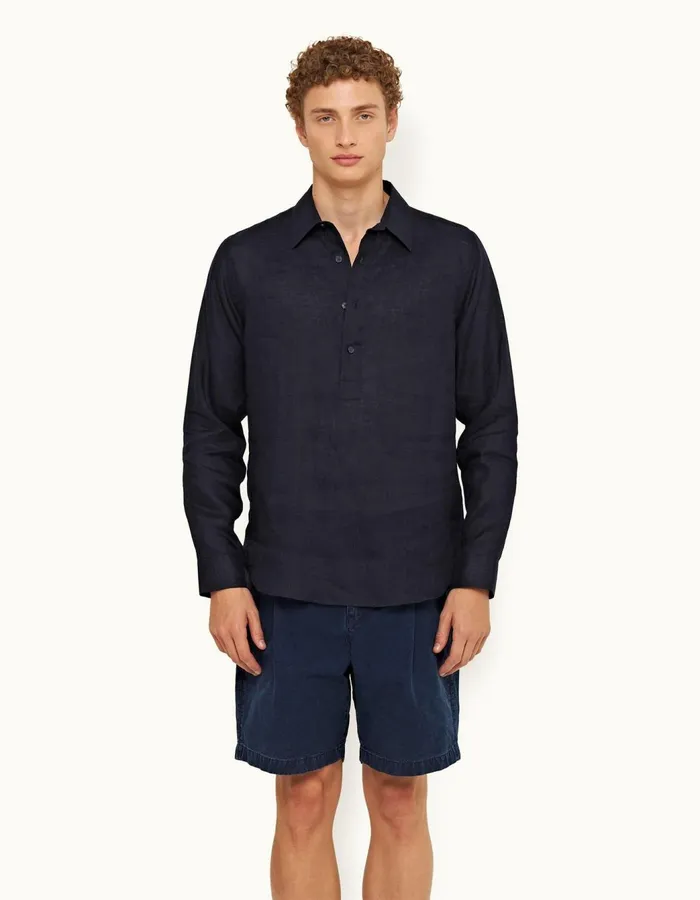 Men Orlebar Brown Shirts Ridley Linen Navy