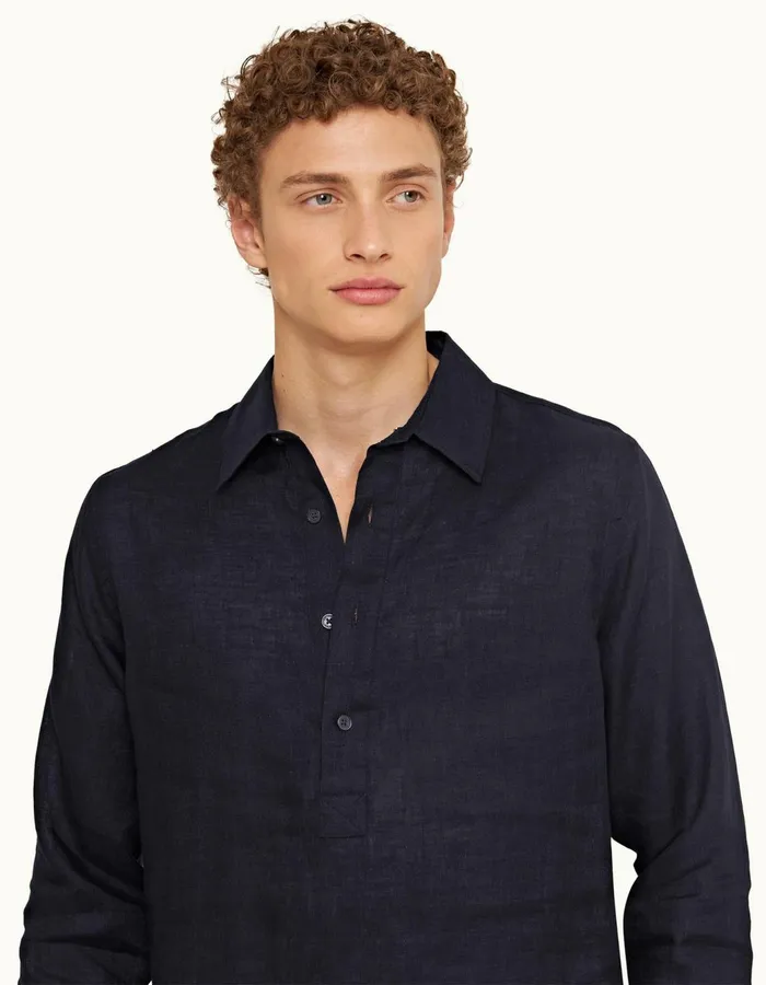 Men Orlebar Brown Shirts Ridley Linen Navy