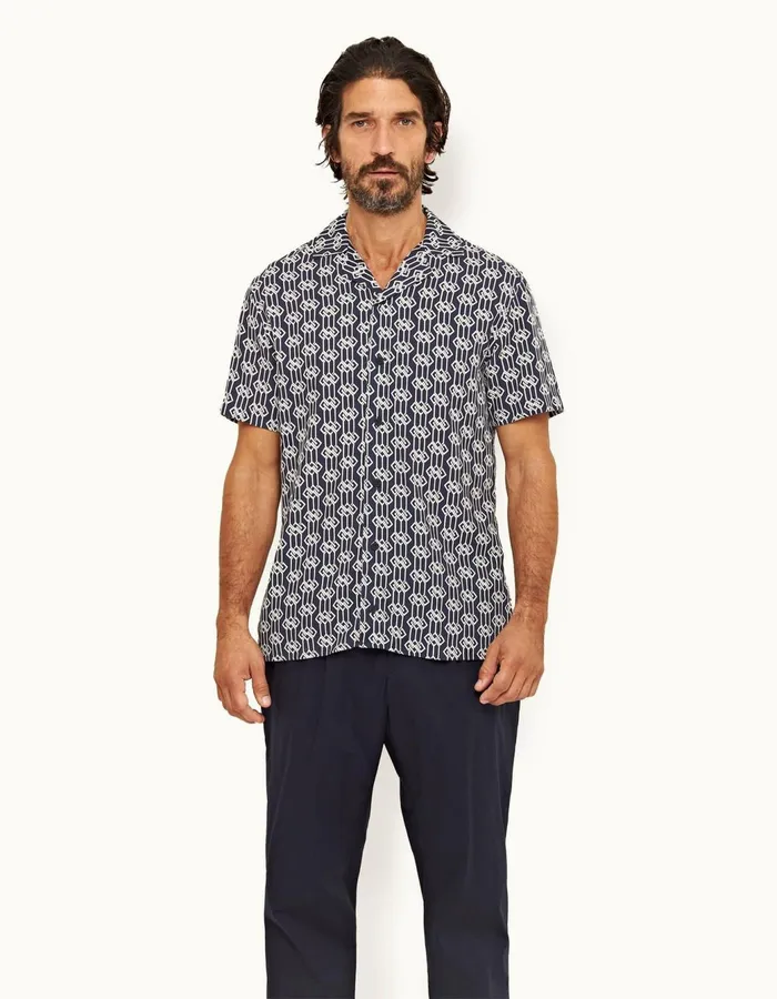 Men Orlebar Brown Shirts Travis Linen Midnight Navy