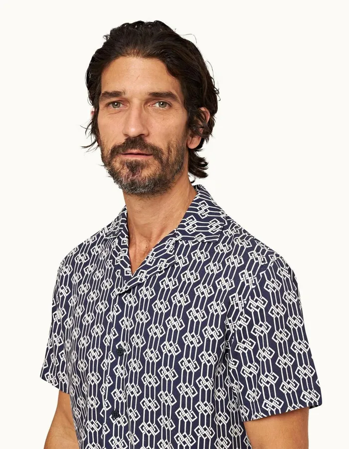 Men Orlebar Brown Shirts Travis Linen Midnight Navy