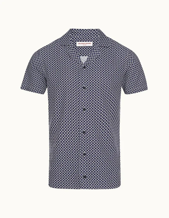 Men Orlebar Brown Shirts Travis Linen Navywhite