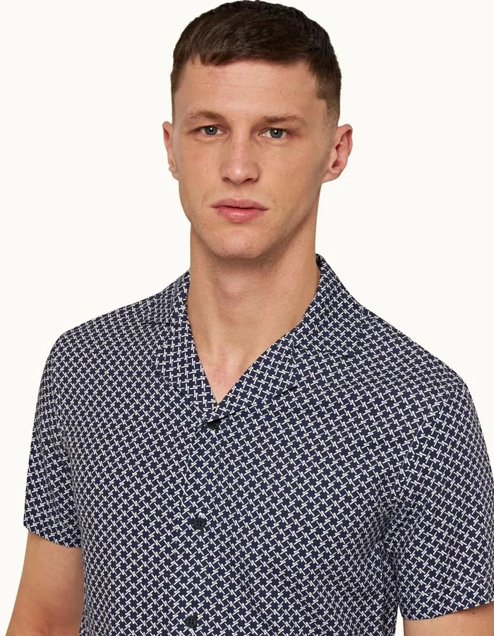 Men Orlebar Brown Shirts Travis Linen Navywhite