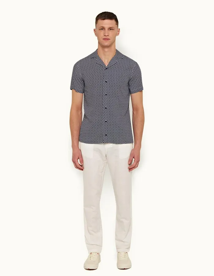 Men Orlebar Brown Shirts Travis Linen Navywhite
