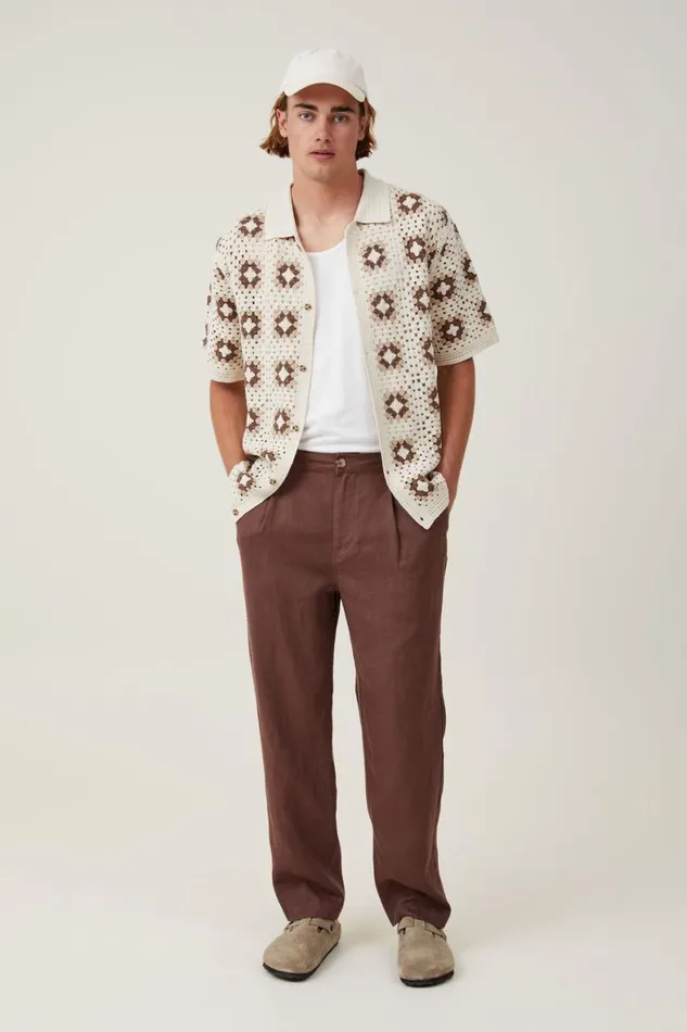 Men Pants Cotton On Linen Pleat Pant Chocolate