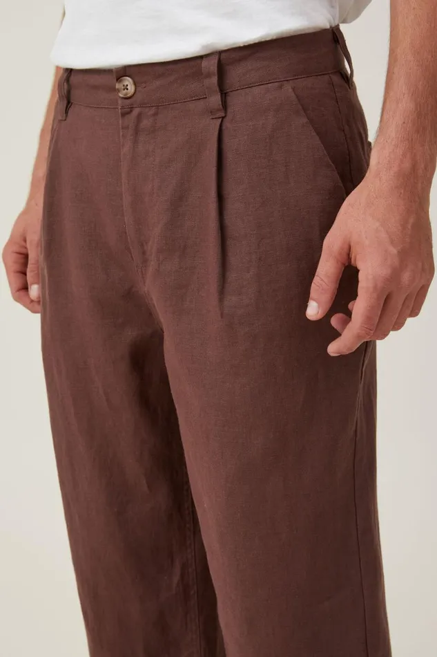 Men Pants Cotton On Linen Pleat Pant Chocolate