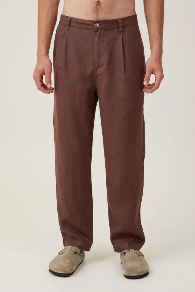 Men Pants Cotton On Linen Pleat Pant Chocolate