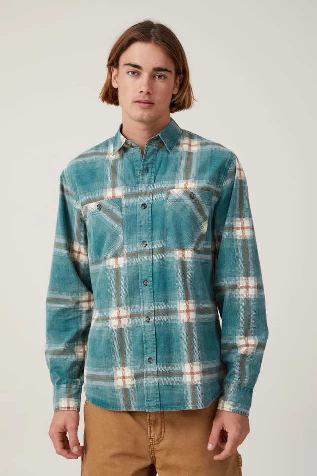 Men Shirts and Polos Cotton On Aberdeen Long Sleeve Shirt Vintage Green Check
