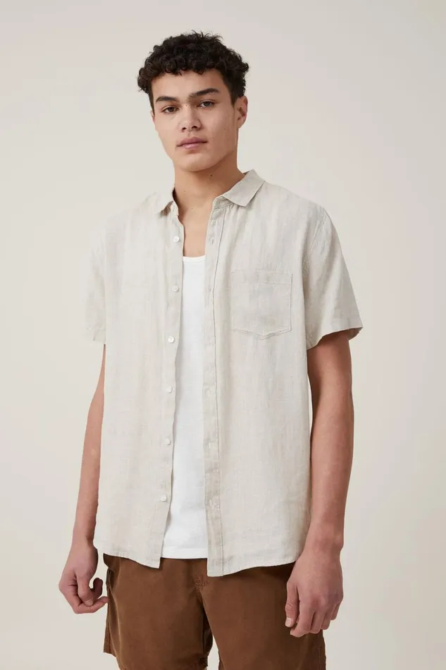Men Shirts and Polos Cotton On Linen Short Sleeve Shirt Oatmeal
