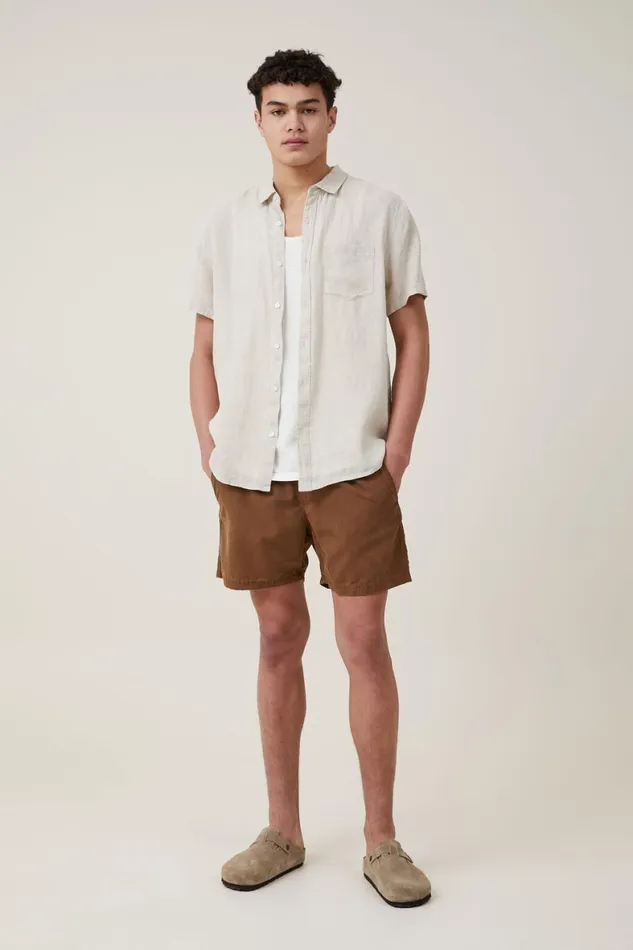 Men Shirts and Polos Cotton On Linen Short Sleeve Shirt Oatmeal