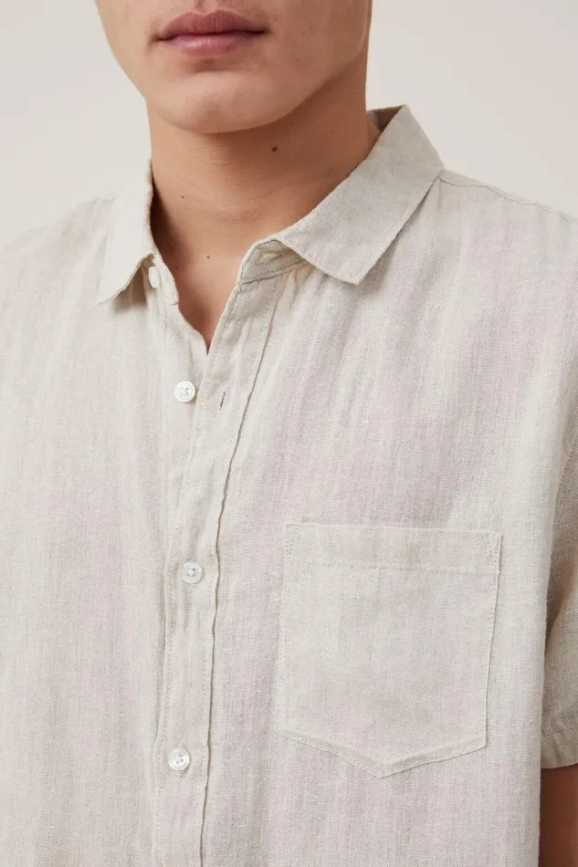 Men Shirts and Polos Cotton On Linen Short Sleeve Shirt Oatmeal