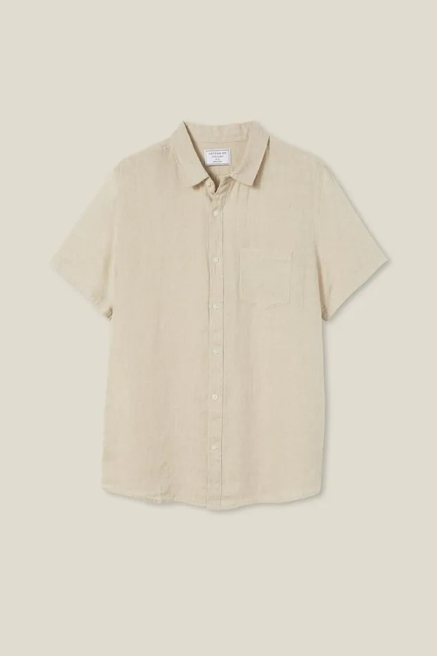 Men Shirts and Polos Cotton On Linen Short Sleeve Shirt Oatmeal