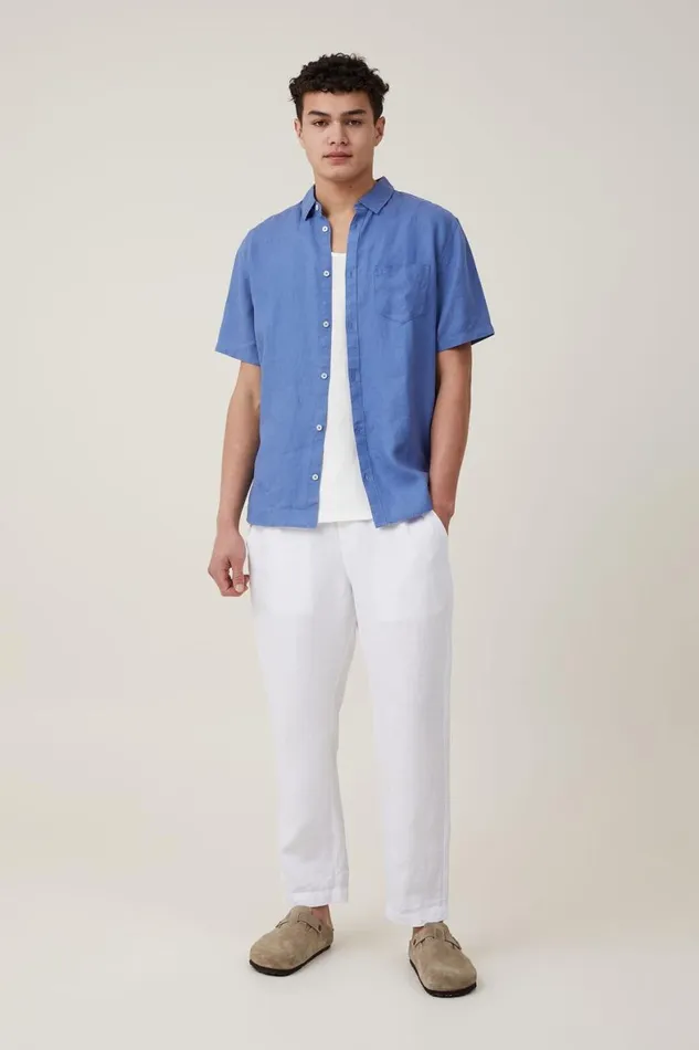 Men Shirts and Polos Cotton On Linen Short Sleeve Shirt Pacific Blue