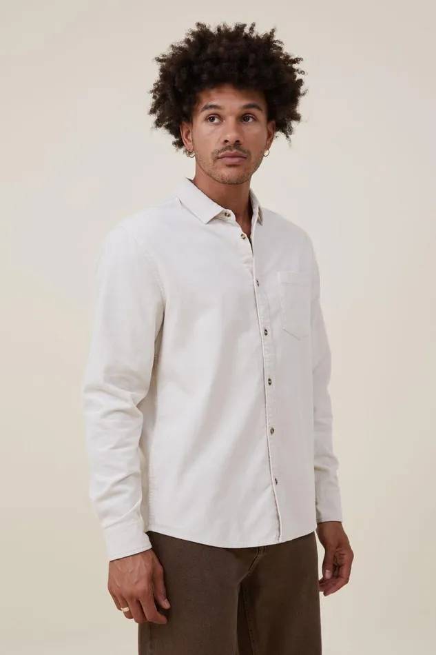 Men Shirts and Polos Cotton On Portland Long Sleeve Shirt Bone Cord