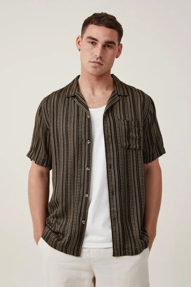 Men Shirts and Polos Cotton On Riviera Short Sleeve Shirt Black Mustard Stripe