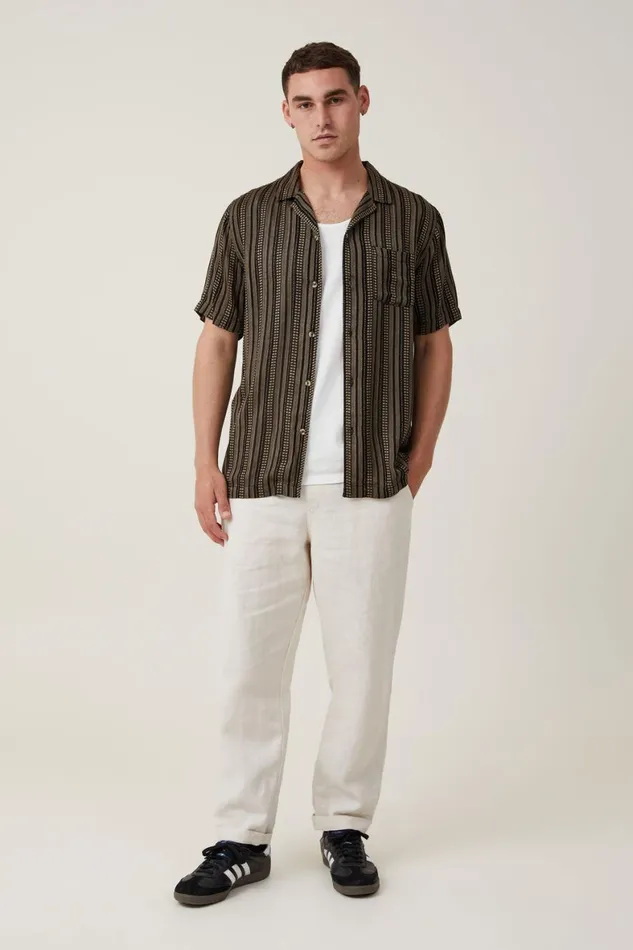 Men Shirts and Polos Cotton On Riviera Short Sleeve Shirt Black Mustard Stripe