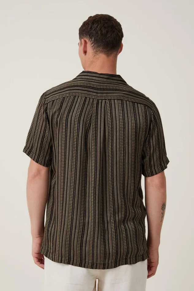 Men Shirts and Polos Cotton On Riviera Short Sleeve Shirt Black Mustard Stripe